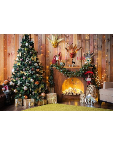 Toile de Fond de Noël de Cheminée en Bois Jaune Chaud Gx-1068 rembourrage situé sous