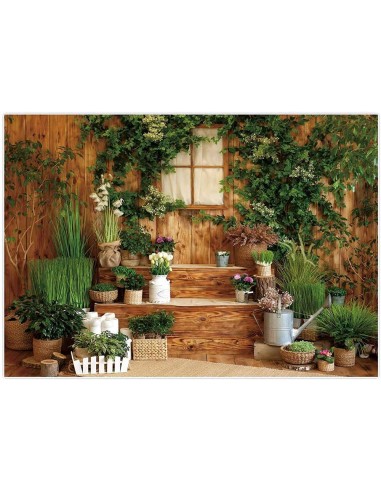 Patio de jardin de printemps d'une maison en bois avec toile de fond de plantes vertes GC-200 Economisez 